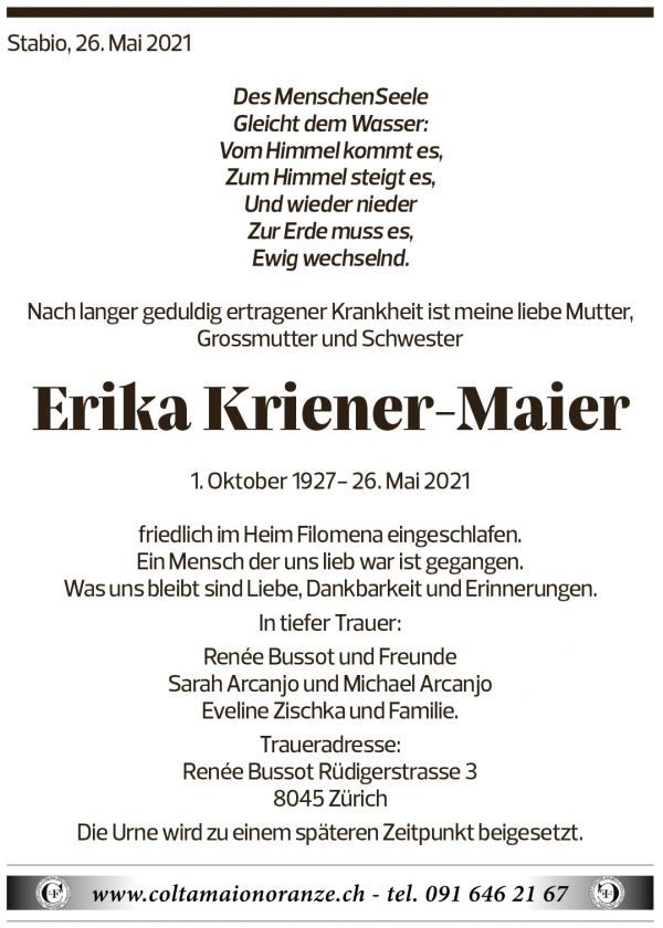 Annuncio funebre Erika Kriener-maier