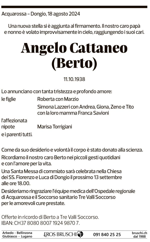 Annuncio funebre Angelo Cattaneo