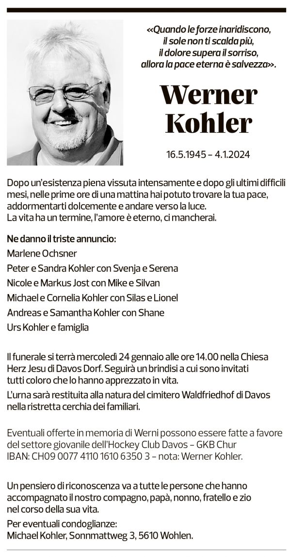 Annuncio funebre Werner Kohler