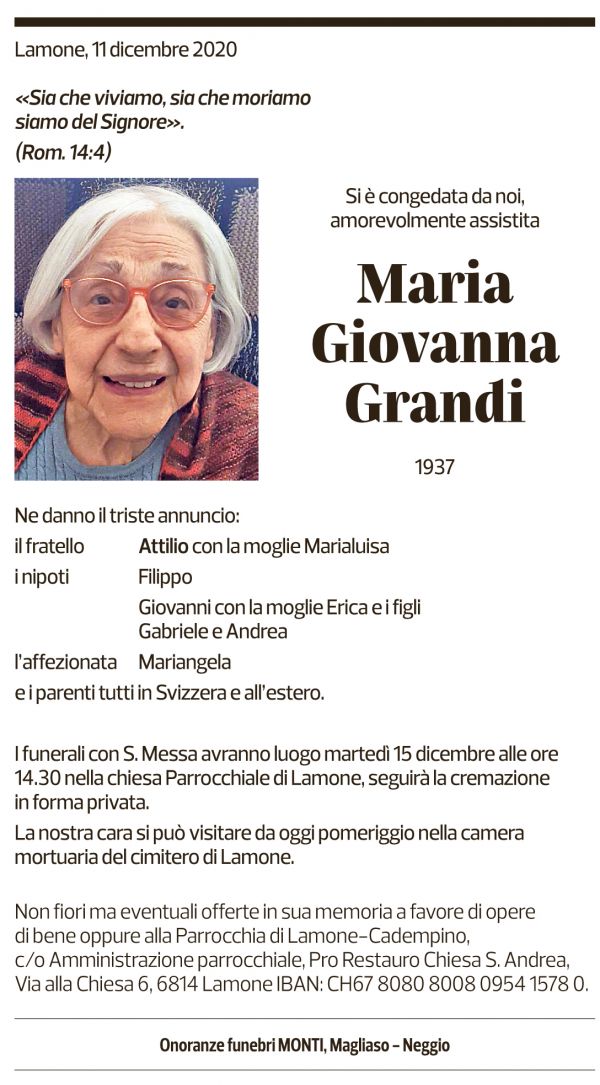 Annuncio funebre Maria Giovanna Grandi