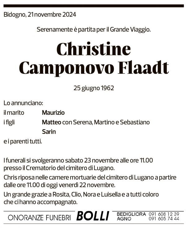 Annuncio funebre Christine Camponovo Flaadt