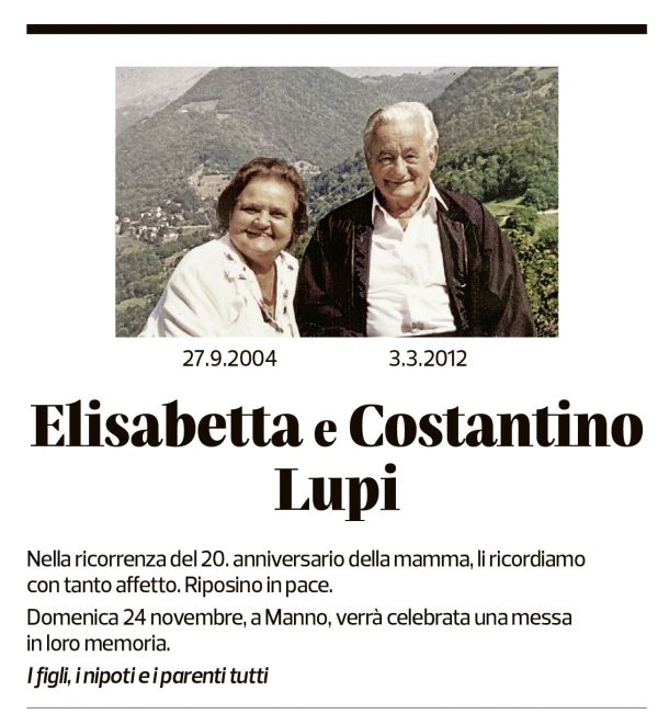 Annuncio funebre Elisabetta Lupi Costantino Lupi