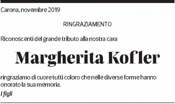 Annuncio funebre Margherita Kofler