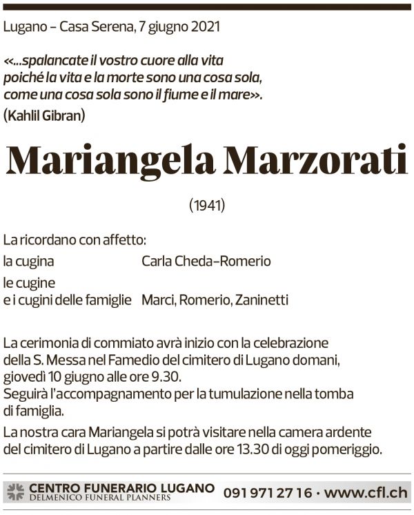 Annuncio funebre Mariangela Marzorati