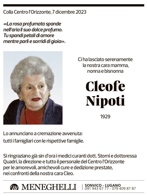 Annuncio funebre Cleofe Nipoti