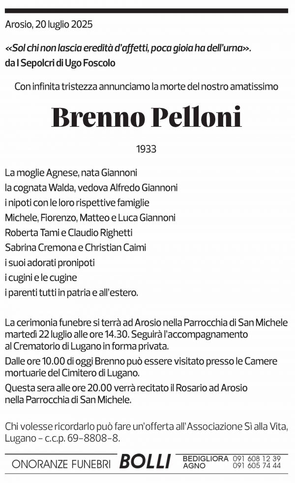 Annuncio funebre Brenno Pelloni