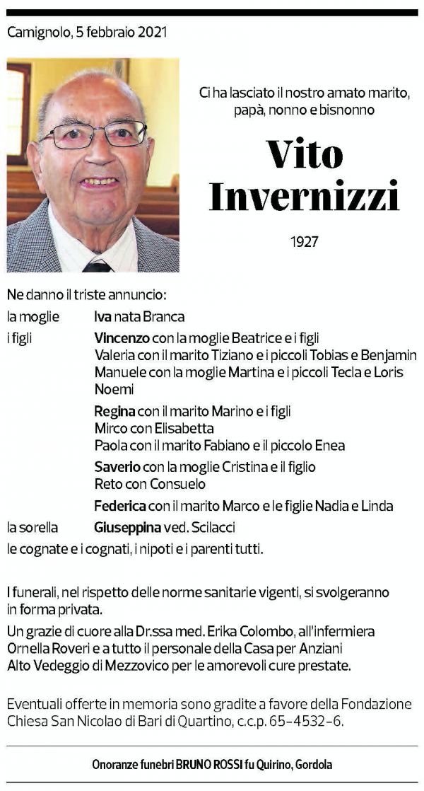 Annuncio funebre Vito Invernizzi