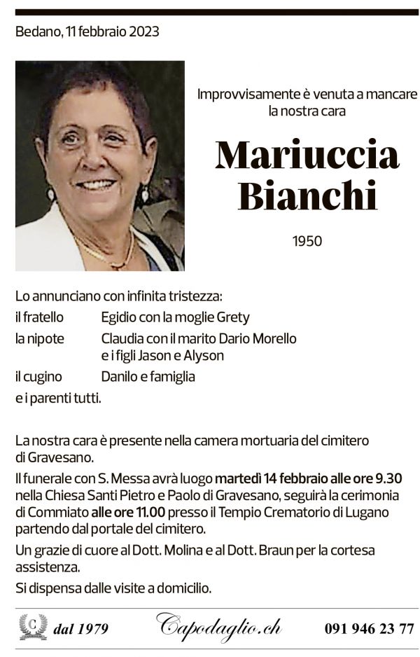 Annuncio funebre Mariuccia Bianchi