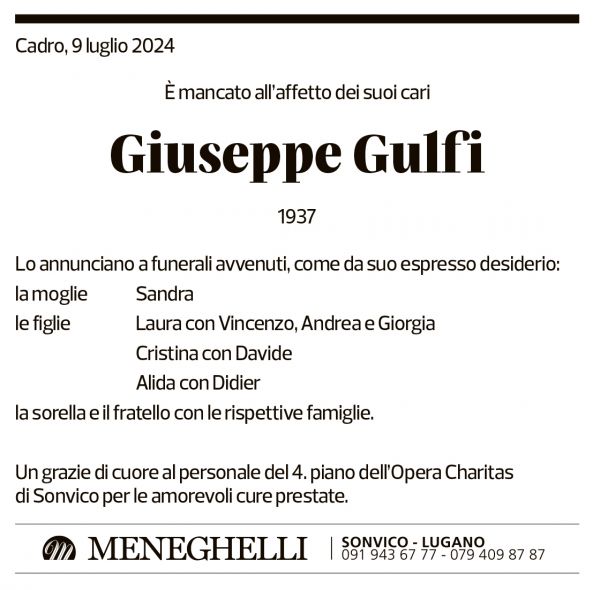 Annuncio funebre Giuseppe Gulfi