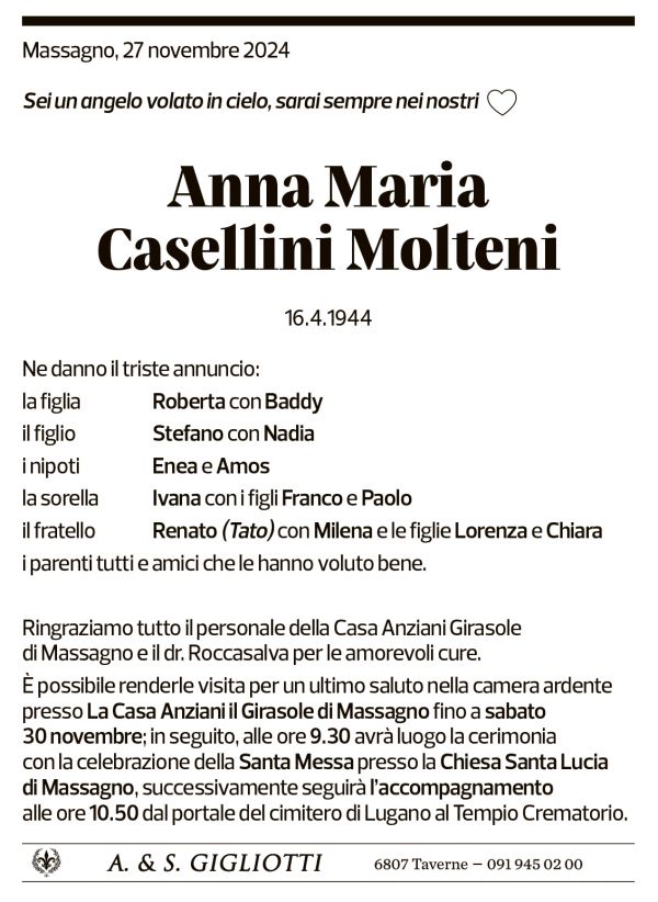 Annuncio funebre Anna Maria Casellini Molteni