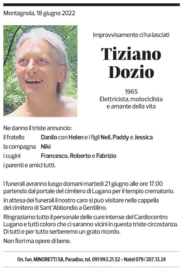 Annuncio funebre Tiziano Dozio