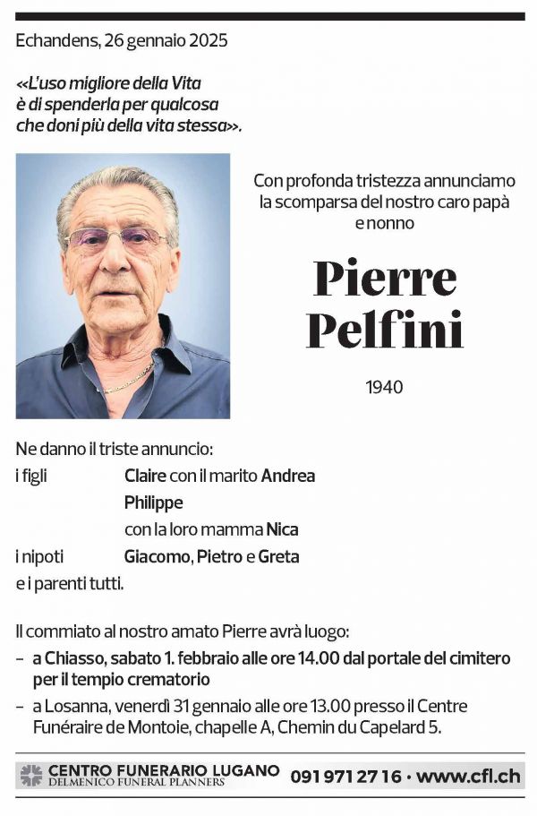 Annuncio funebre Pierre Pelfini