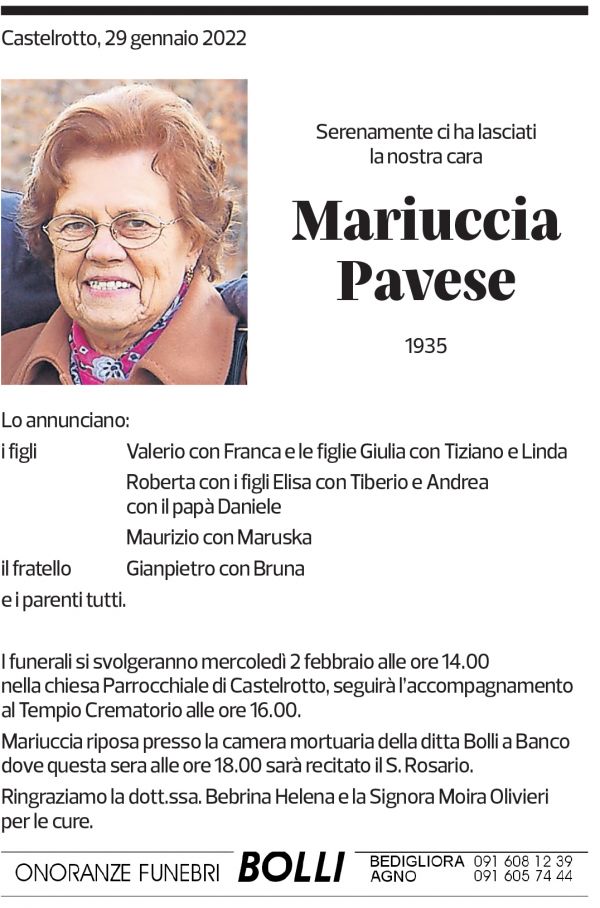 Annuncio funebre Mariuccia Pavese