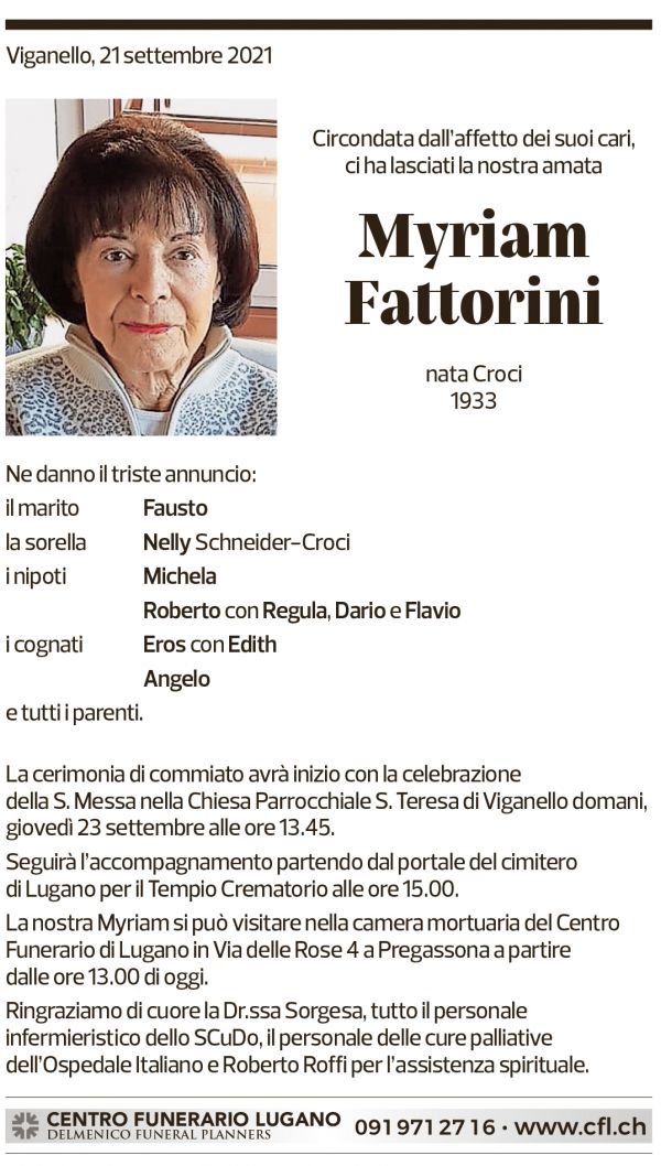 Annuncio funebre Myriam Fattorini