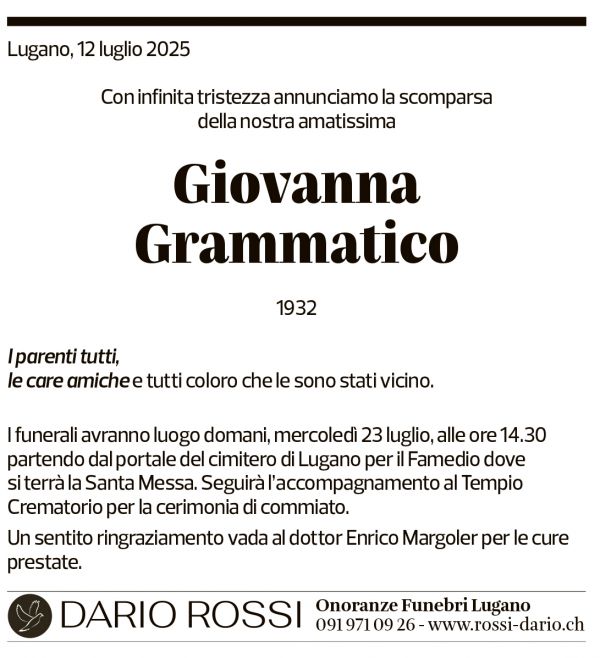 Annuncio funebre Giovanna Grammatico