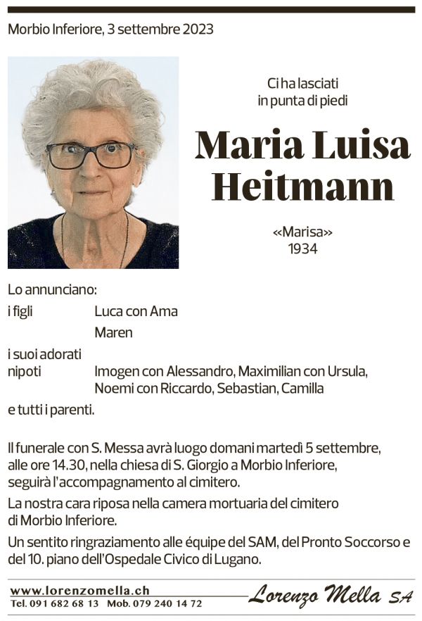 Annuncio funebre Maria Luisa Heitmann