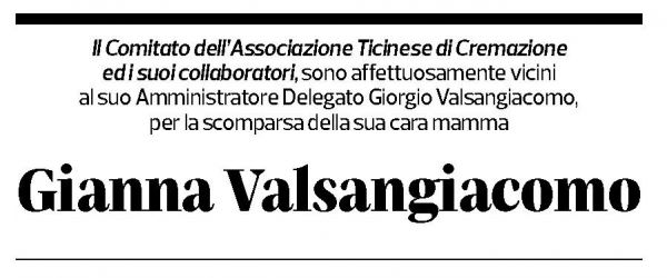 Annuncio funebre Gianna Valsangiacomo