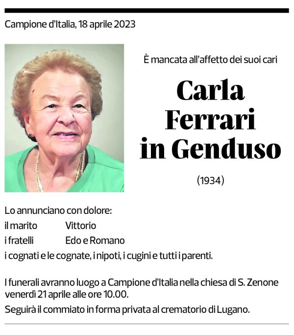 Annuncio funebre Carla Ferrari Genduso