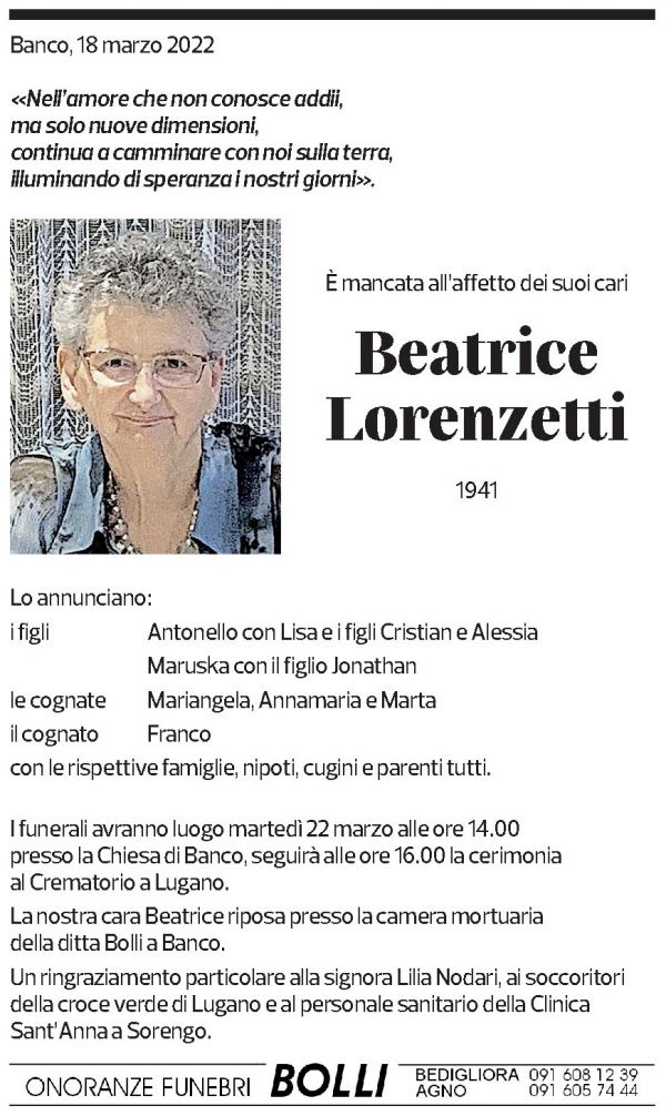 Annuncio funebre Beatrice Lorenzetti