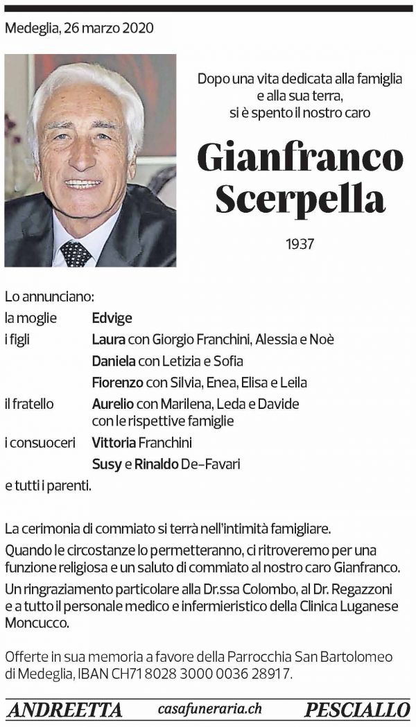 Annuncio funebre Gianfranco Scerpella