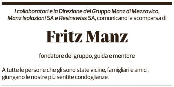 Annuncio funebre Fritz Manz