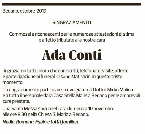 Annuncio funebre Ada Conti