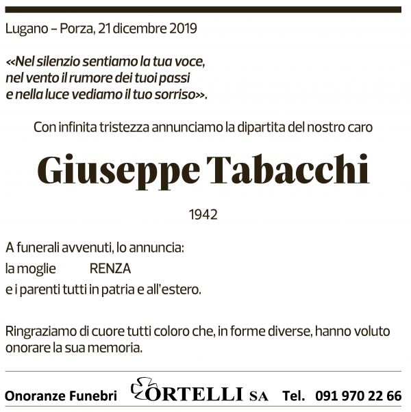 Annuncio funebre Giuseppe Tabacchi