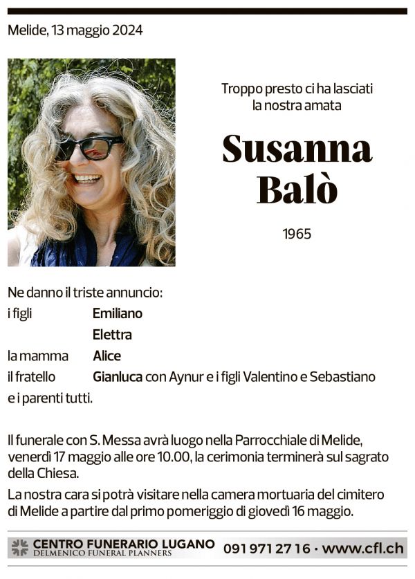 Annuncio funebre Susanna Balò