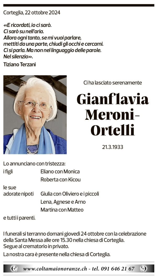 Annuncio funebre Gianflavia Meroni-ortelli