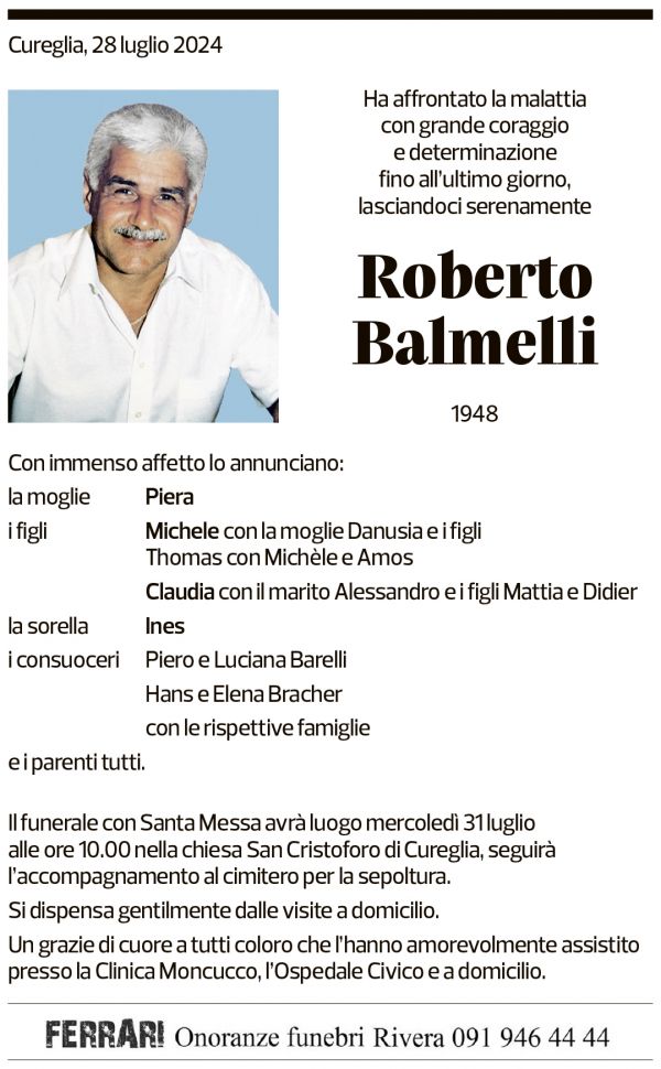 Annuncio funebre Roberto Balmelli