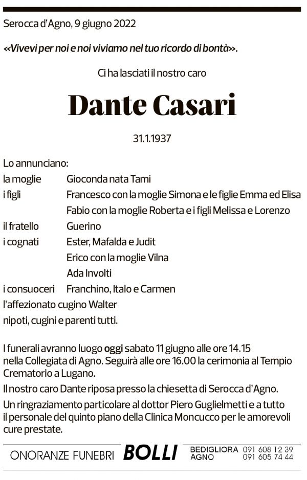 Annuncio funebre Dante Casari