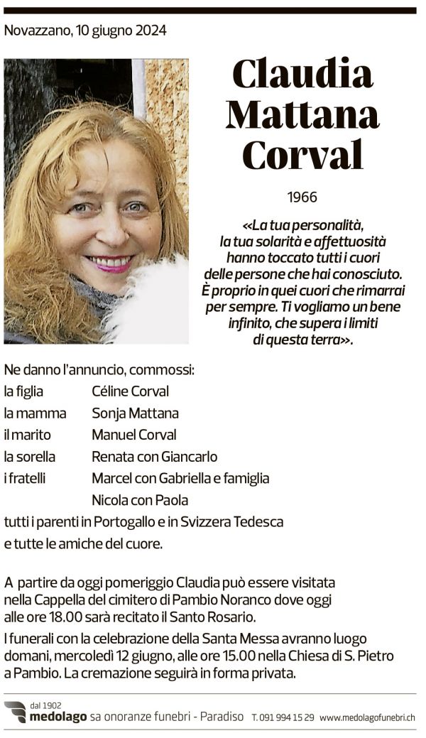 Annuncio funebre Claudia Mattana Corval