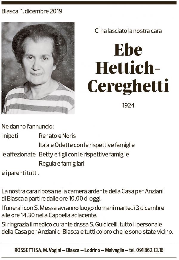 Annuncio funebre Ebe Hettich-cereghetti