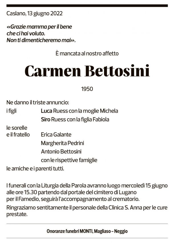 Annuncio funebre Carmen Bettosini