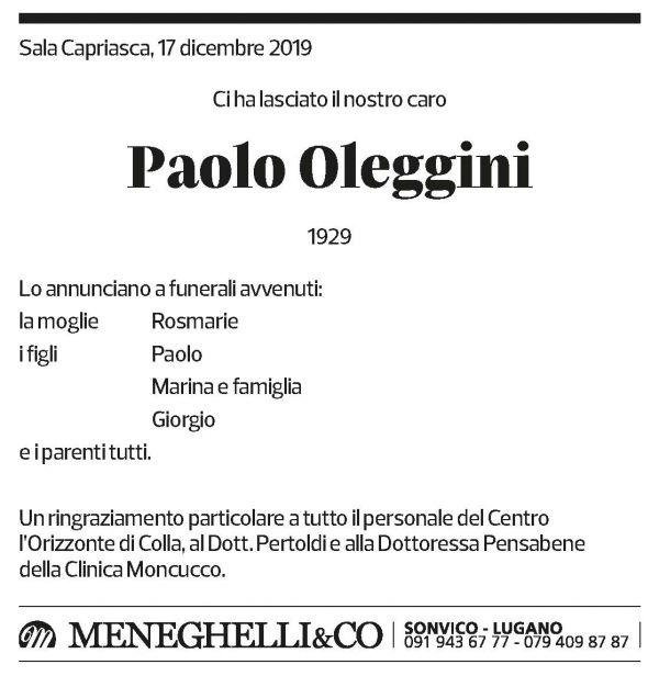 Annuncio funebre Paolo Oleggini