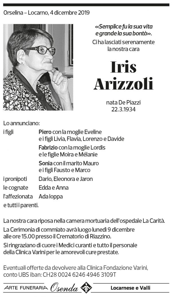 Annuncio funebre Iris Arizzoli