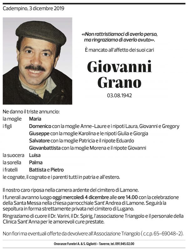 Annuncio funebre Giovanni Grano