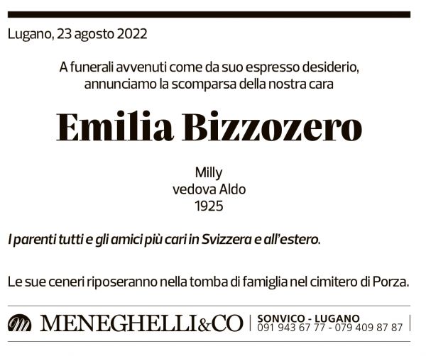 Annuncio funebre Emilia Bizzozero