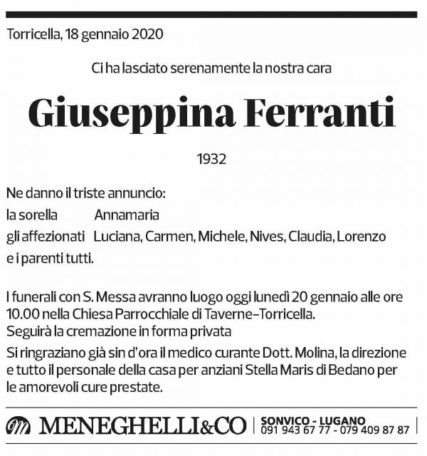 Annuncio funebre Giuseppina Ferranti