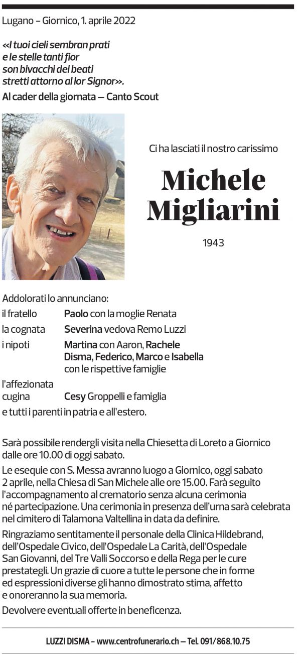 Annuncio funebre Michele Migliarini