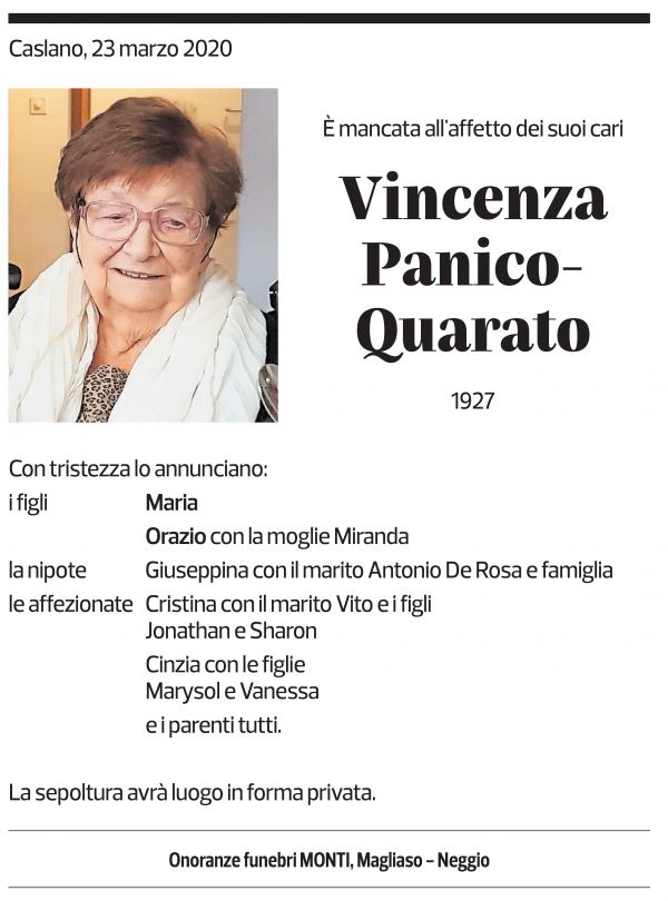 Annuncio funebre Vincenza Panico-quarato