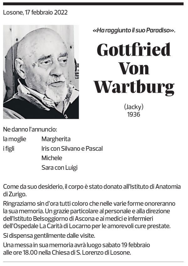 Annuncio funebre Gottfried Von Wartburg