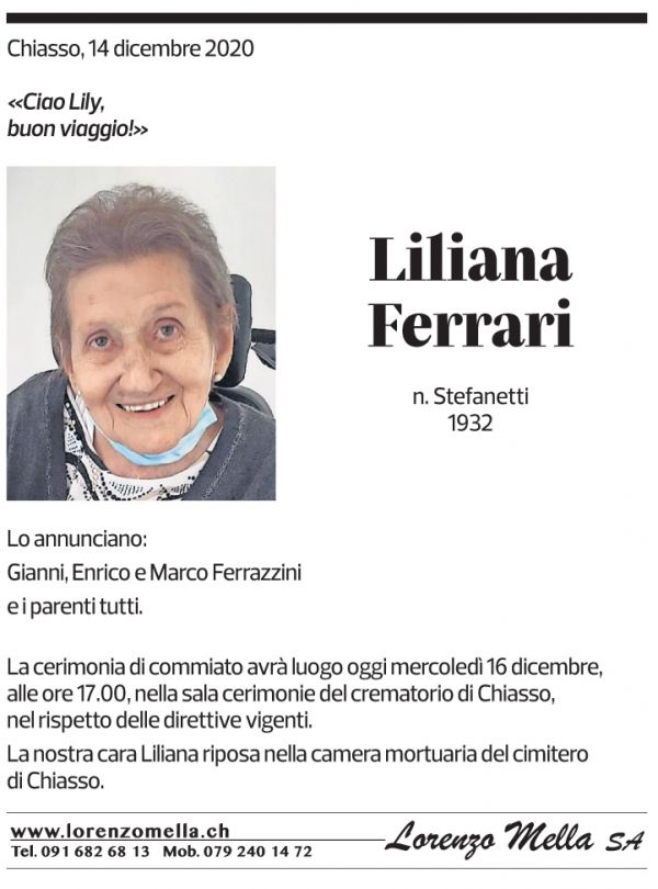 Annuncio funebre Liliana Ferrari