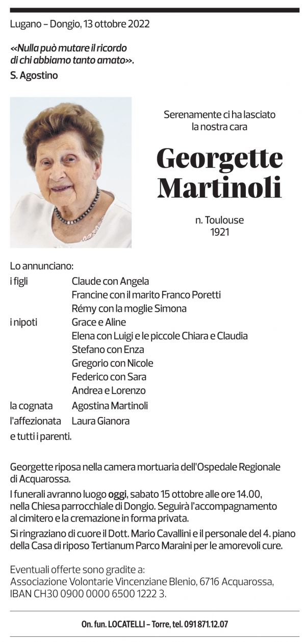 Annuncio funebre Georgette Martinoli