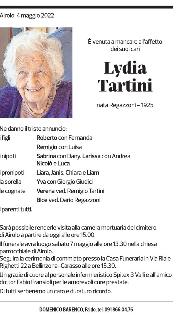 Annuncio funebre Lidya Tartini