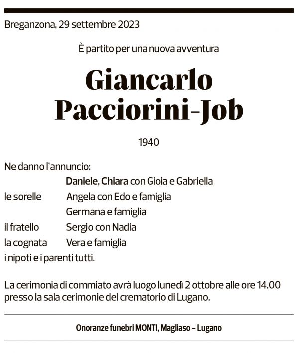 Annuncio funebre Giancarlo Pacciorini-job