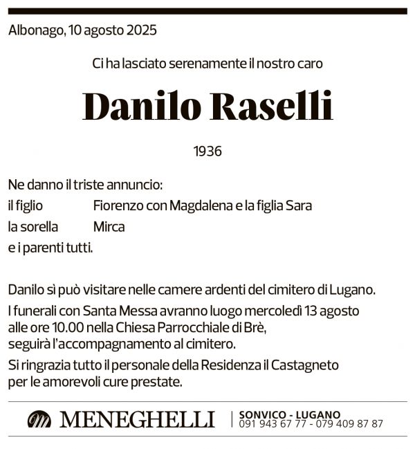 Annuncio funebre Danilo Raselli