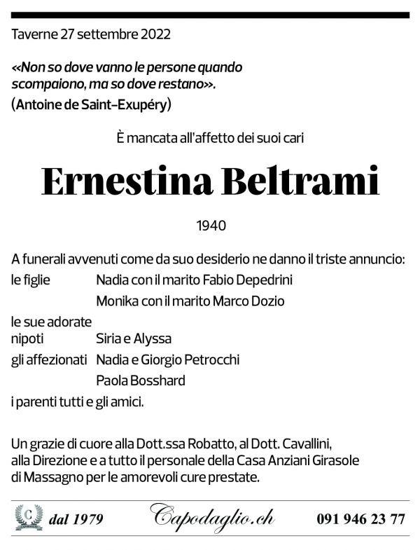 Annuncio funebre Ernestina Beltrami