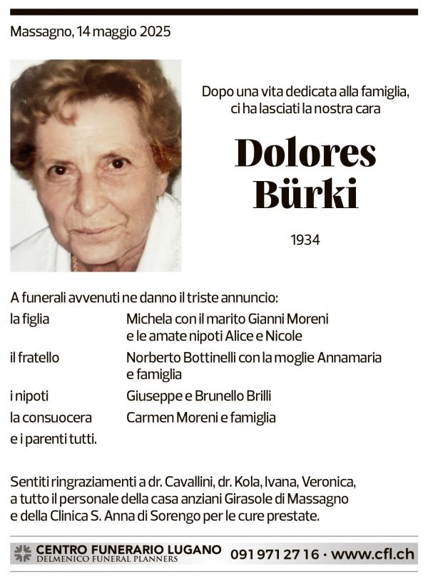 Annuncio funebre Dolores Bürki