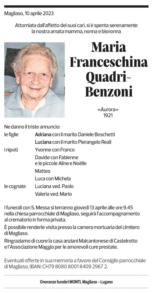 Annuncio funebre Maria Franceschina Quadri-benzoni